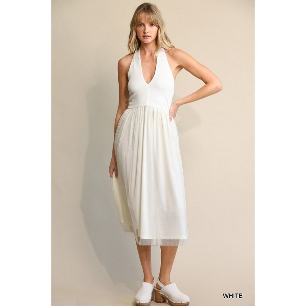 Gigio White Halter Midi Dress with Tulle Skirt